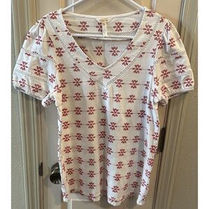 Matilda Jane Womens XS Red & White Floral Embroidered Short Sleeve Blouse